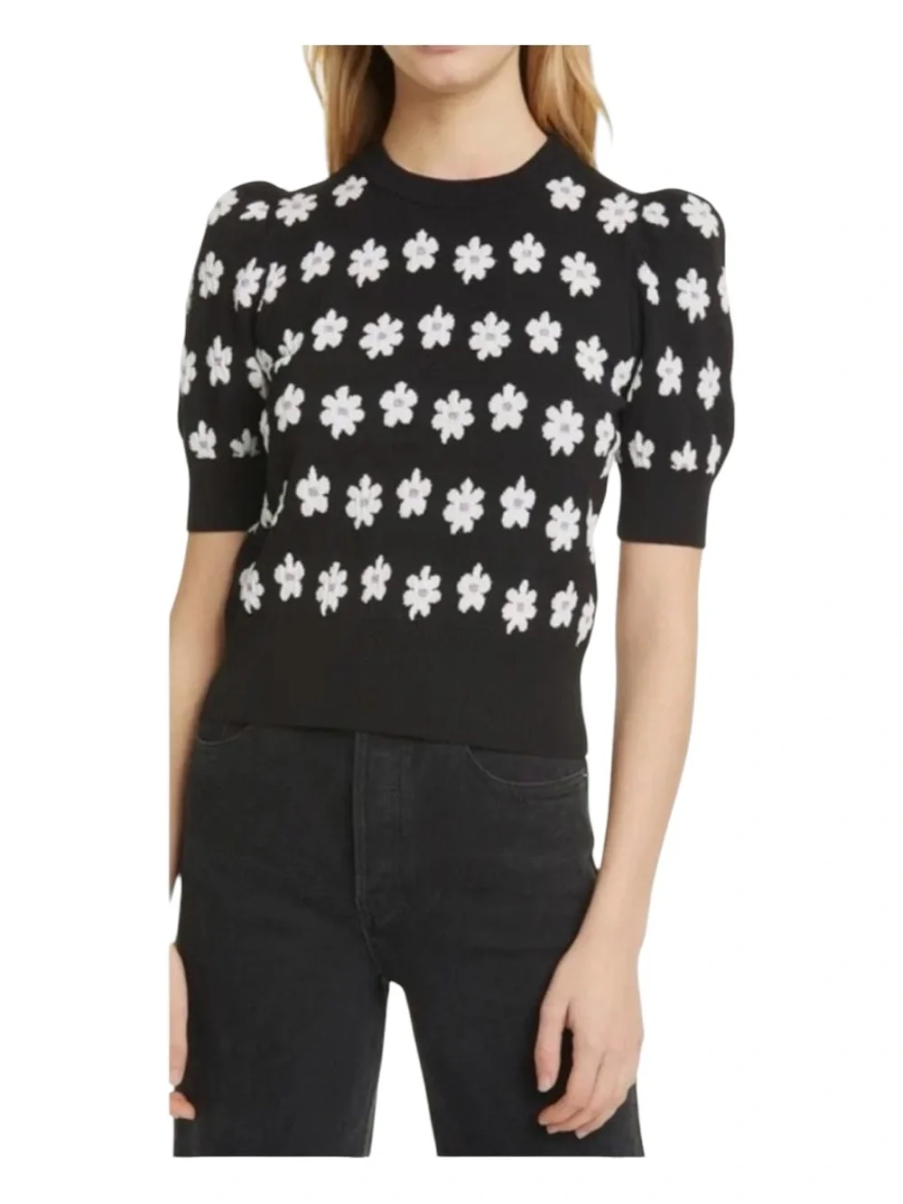kate spade Black Daisy Puff-Sleeve Knit Top as seen on riverdale